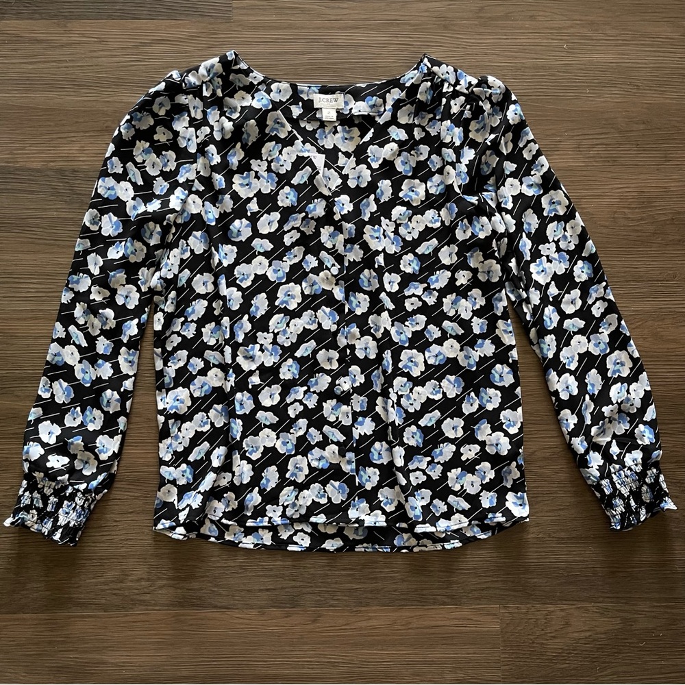 J. Crew Floral Blouse in Black/Blue/White NWT Sz 2